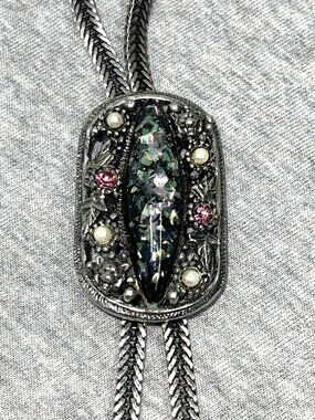 Vintage Selro Selini Bolo Tie Floral Accents Faux Pearls Green Rhinestone